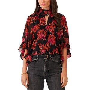 Vince Camuto Women's Blouse Printed Pleat-Neck Ruffle-Sleeve Top Rich Black XS